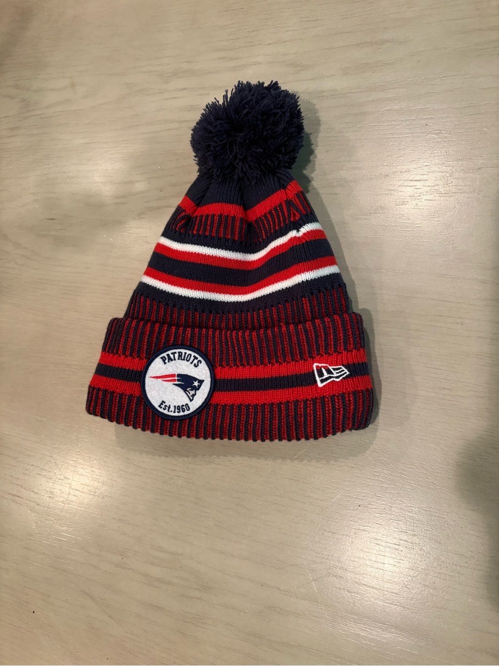 New Era Kids Navy, Red & White Pom Beanie with Patriots Patch